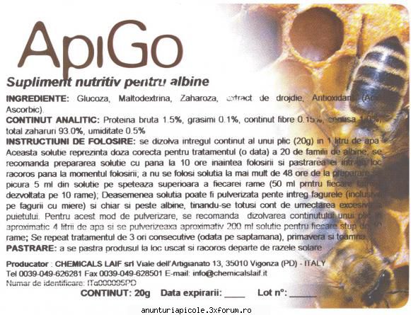 Oferta - TRATAMENTE APICOLE - Pret ApiGo - 62 ron (TVA inclus) pentru un plic - VANZARI ECHIPAMENTE APICOLE