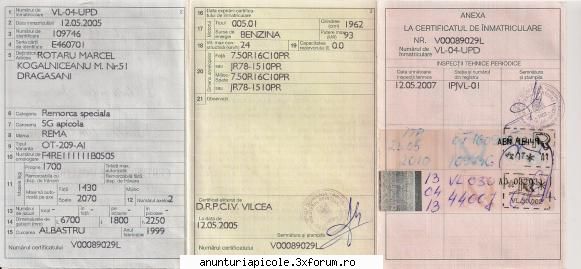 certificat vand aro si remorca speciala apicola